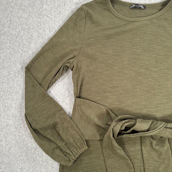 PrettyGarden Tie Front Dress Women's Medium Olive Green Ribbed Long Sleeve - Picture 2 of 8